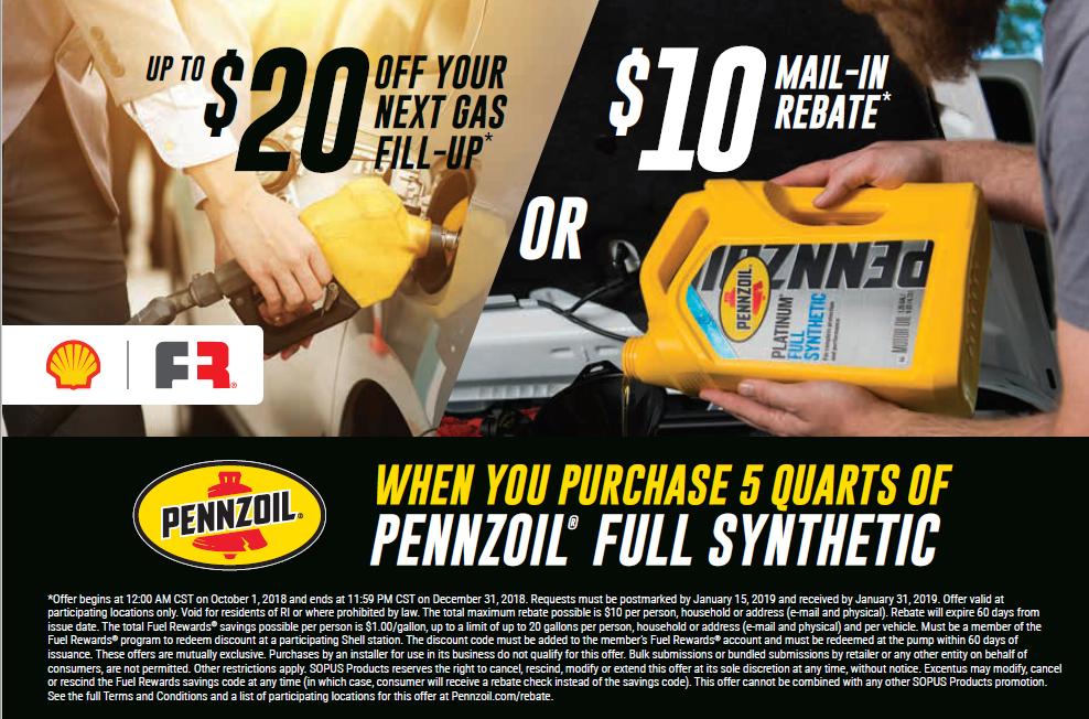 Pennzoil Synthetic $20 Gas Fill-Up or $10 Rebate